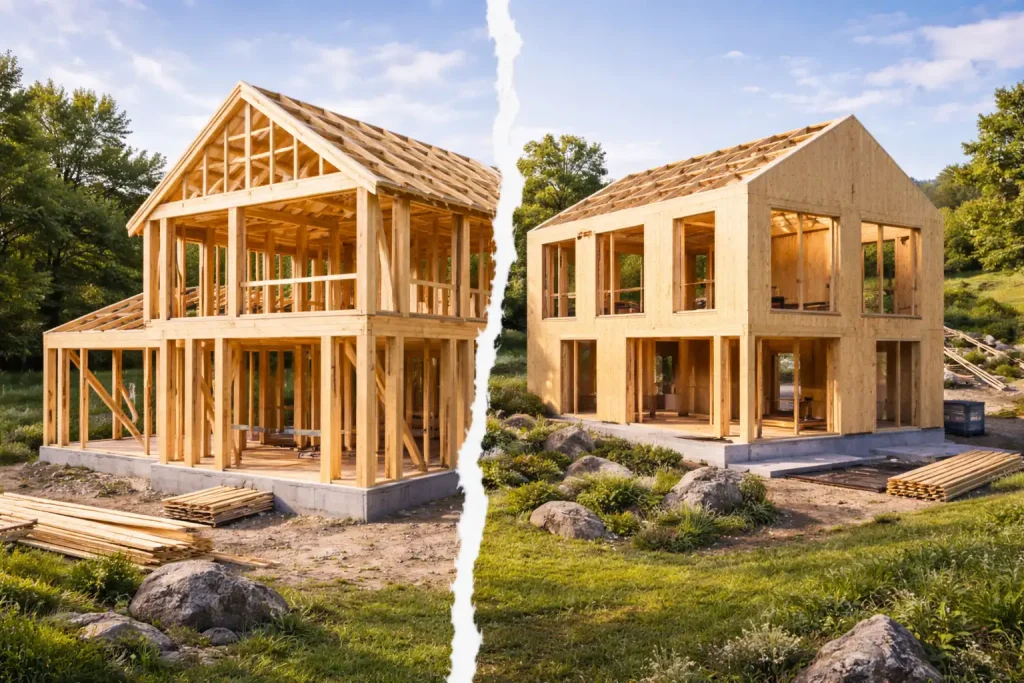 skladba stěn dřevostavby podle typu konstrukce - dřevostavba z rámové konstrukce vs CLT panelů